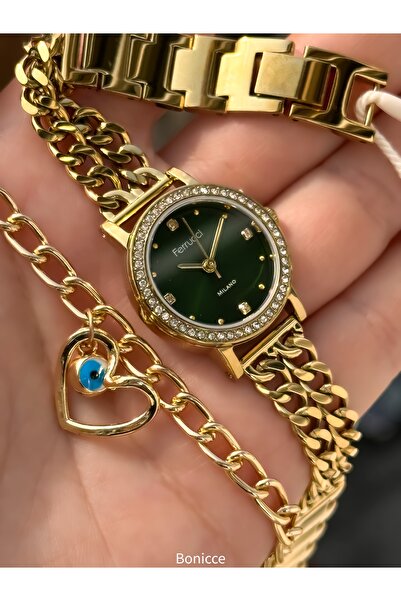 Ferrucci Yeşil Sarı Renk Çelik Hasır Kordon Su Geçirmez Garantili Kol Saati+bileklik