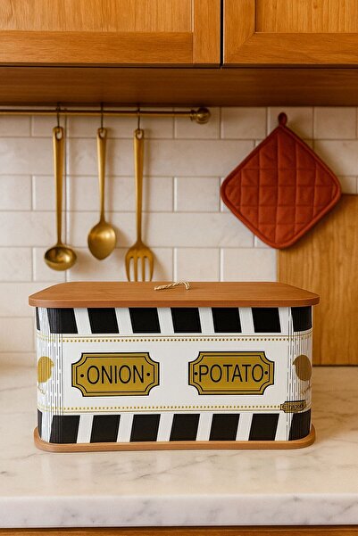 AC AMİSOS 2 Bölmeli Desenli Doğal Ahşap Patates Soğan Sebze Saklama Sepeti Pa...