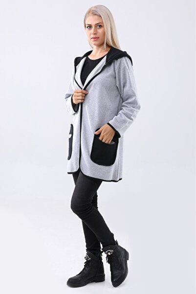 1tarz Sezonluk Kapüşonlu Cepli Kadın Uzun Ceket