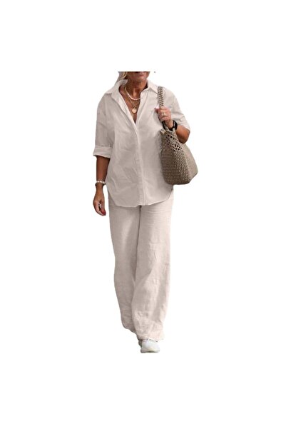 Toridas Comfortable and Casual Linen Ecru Double Set Top and Bottom