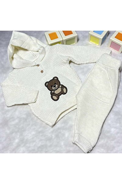 RYZE ÇOCUK Hooded Bear Embroidered Knitwear Bottom and Top Set Ecru