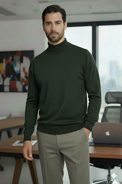 Millionaire Ανδρικό πράσινο πουλόβερ με μισό ζιβάγκο, κανονική κοπή, μαλλί και ακρυλικό μείγμα πλεκτό πουλόβερ