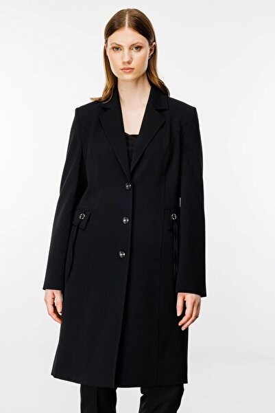 Ekol Plus Size Buttoned Black Women's Top Coat 24Ekl06542