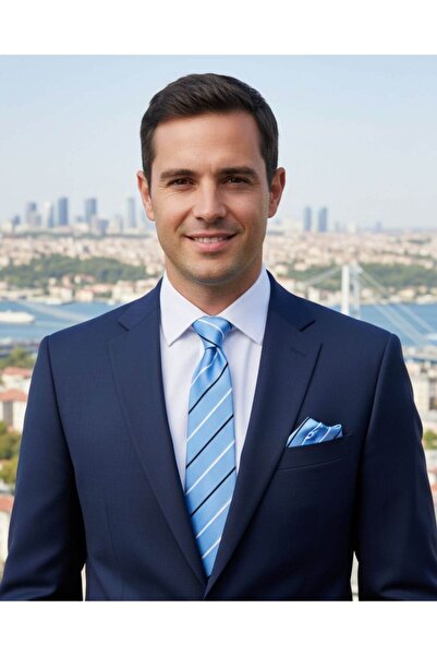 1001 Kravat Açık Mavi Çizgili 8 Cm Genişliğinde Mendilli Kravat