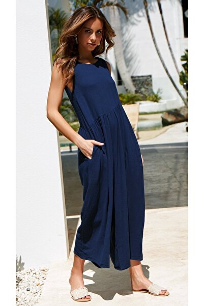 1tarz Keten Yazlık Günlük Sırt Dekolteli Salaş Kadın Tulum