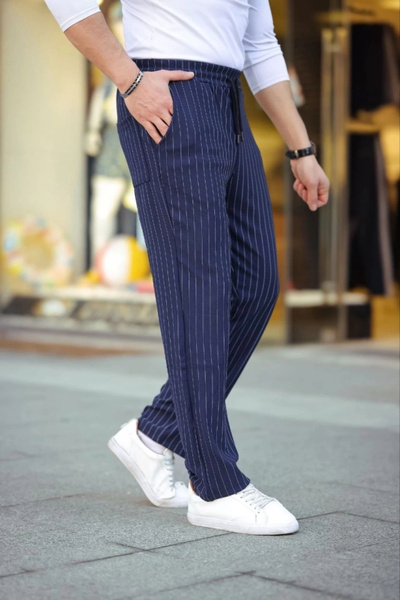 DoğruFashion Mdb Men's Striped Woven Crepe Jogger Buggy Pants Comfortable Fit Dark Blue
