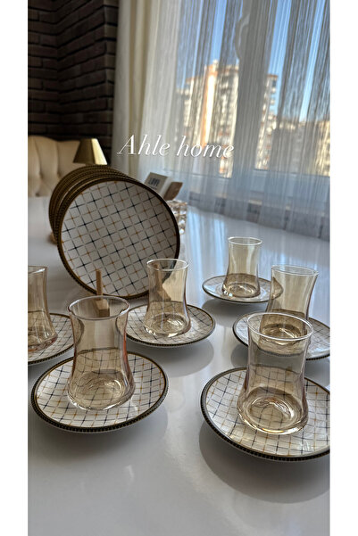 AHLE HOME yıldız desen 18 Parça Herenica Çay Ve Pasta Seti 6 Adet Çay Bardağı...