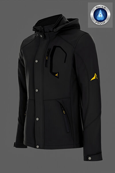 SS See Star Erkek Siyah Kapüşonlu Softshell Su Ve Rüzgar Geçirmez Cep Detaylı Içi Kürklü Kışlık Mont