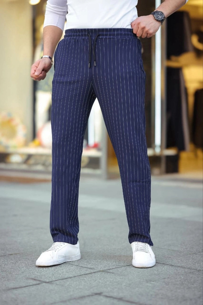 DoğruFashion Mdb Men's Striped Woven Crepe Jogger Buggy Pants Comfortable Fit Dark Blue