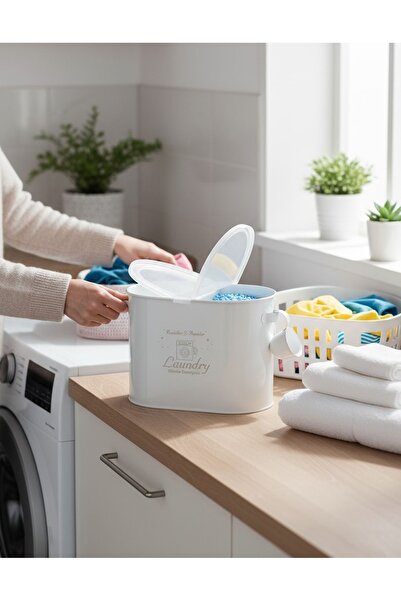Laundry Metal Iki Bölmeli Kapaklı Ve Ölçekli Deterjan Kutusu 12 Litre Kapasiteli Lr011