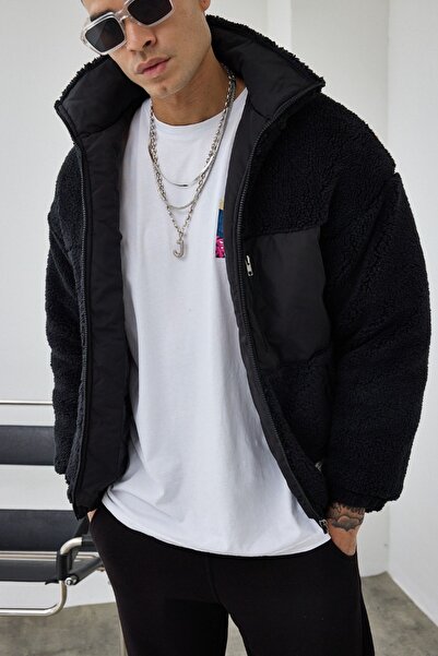 MADZEYMODA Men's Lined Black Plush Coat Mz86060