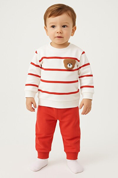 dinamik çocuk Striped Punch Teddy Bear Baby Set with Snap Fasteners on the Shoulder, 2-Piece Bottom and Top, Transitional Months, 3-6-9-12 Months