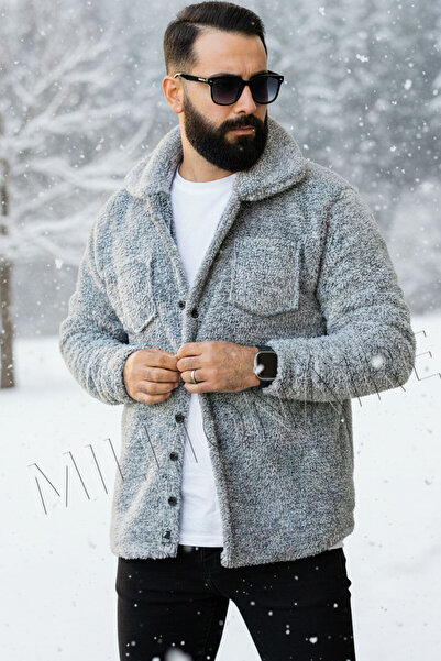 Teenage Millionaire Men's Anthracite Gray Fuzzy Plush Furry Shirt Collar Model Buttoned Jacket Cardigan Coat Sweatshirt Fleece