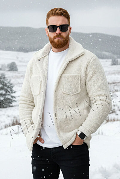 Teenage Millionaire Men's Ecru White Plush Furry Shirt Collar Model Buttoned Jacket Cardigan Coat Sweatshirt Fleece