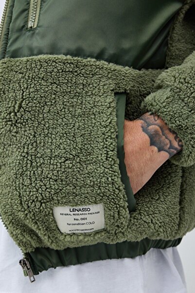 MADZEYMODA Men's Lined Khaki Green Plush Coat Mz86060