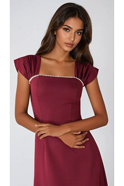 OLSAMODA KADIN YAKASI İNCİ DETAYLI ATLAS KUMAŞ MİDİ BOY DÜĞÜN NİŞAN SÖZ DAVET ELBİSESİ