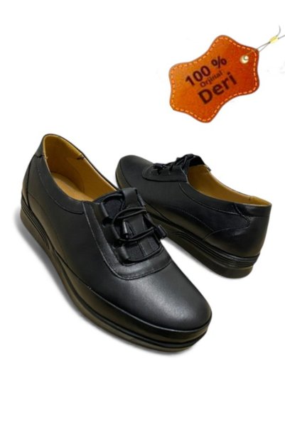 MAGIC SHOES Daily Women's Rubber Laced Black Color Genuine Leather Comfort Full Orthopedic Mother Shoes