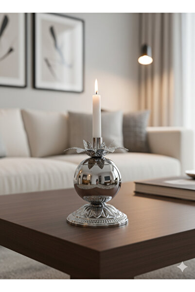 asellus Bereket Nar Şamdan Mumluk, Gümüş Kaplama Konik Mumluk Dekoratif Konik...