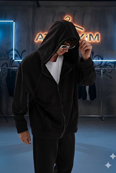 ATKGİYİM Men's Black Oversized Zippered Hooded Tracksuit Set – Comfortable Fi...