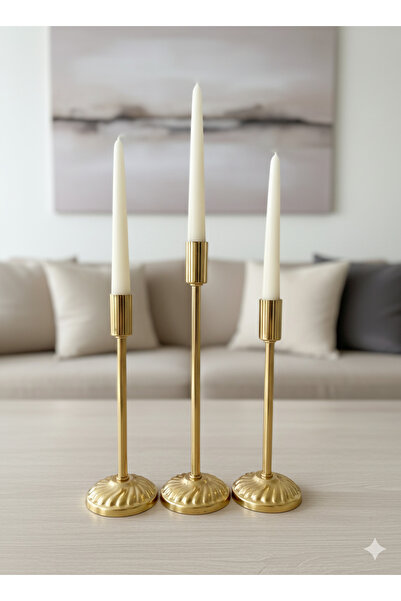 asellus 3'lü Gold Konik Şamdan Mumluk - Nişan Mumluk - Ev Dekorasyonu Ve Düğü...