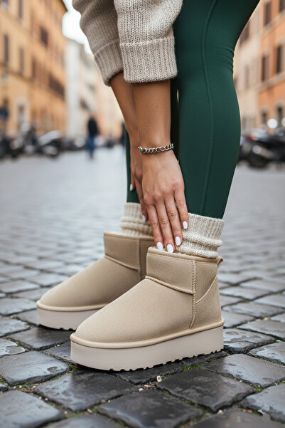 Dark Heel Kadın Bej Kışlık İçi Süet Kalın Taban Bot Rahat Günlük Sıcak Tutan Şık Ayakkabı Bootie Çizme