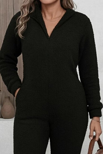 Butik Women's Long Sleeve Hooded Plush Jumpsuit with Rabbit Ear Detail