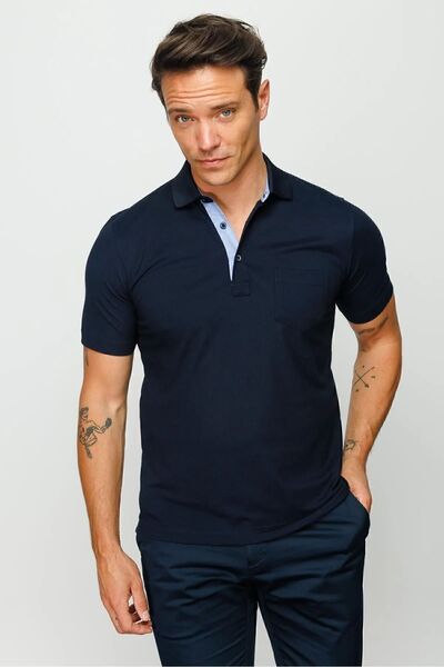 Desen Triko Ανδρικό μπλουζάκι πόλο με κουμπιά τσέπης Navy Blue