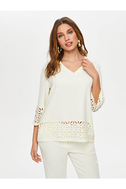 Faik Sönmez Hole Work Detailed V-Neck 3/4 Sleeve Blouse Blouse Faik Sönmez