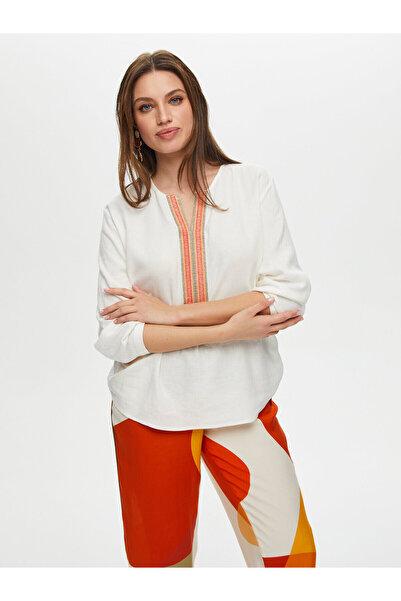 Faik Sönmez Блуза з вишитим коміром, рукавами 3/4, з льону Faik Sönmez