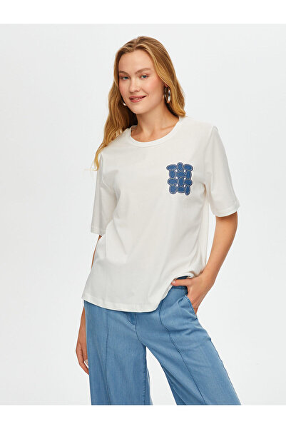 Faik Sönmez Kadın Jean Aplike Ve Zincir Nakışlı Yuvarlak Yaka Pamuklu