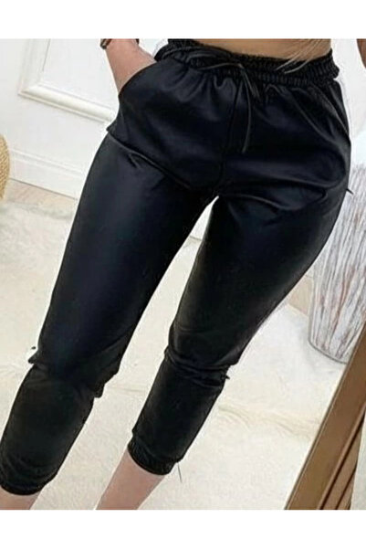 Butik Women's High Waist Elastic Side Striped Detail Leather Trousers