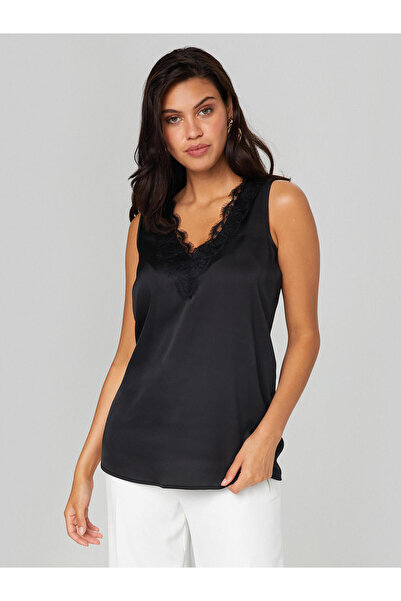 Faik Sönmez V-Neck Lace Detailed Black Women's Blouse B00065