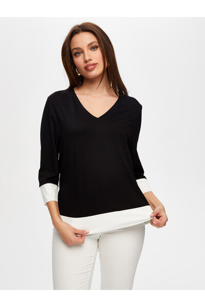 Faik Sönmez Μινιμαλιστικό γυναικείο μπλουζάκι με λαιμόκοψη V με μανίκια 3/4 -...