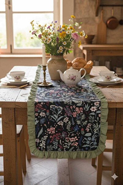 vintagetasarım Runner cu volane florale din in vintage 40x130cm