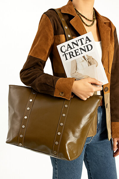Çanta Trend *** Feminine Model Dark Oil Green Color Large Size Women's Hand and Shoulder Bag