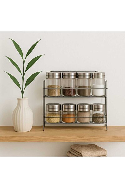 MTA HİGH-TECH Paslanmaz Kapaklı Cam Baharatlık -2 Katlı Metal Raflı Modern Mu...