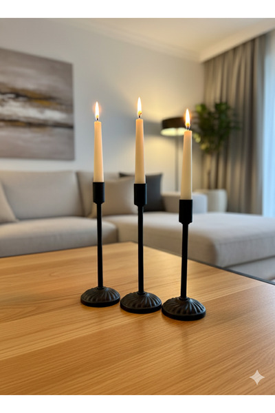asellus Modern dokulu Siyah Metal Şamdan Seti - 3'lü Dekoratif Mumluk Seti