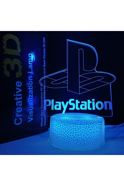 3D 3D holographic LED light in the shape of the PlayStation 7 logo with a black base