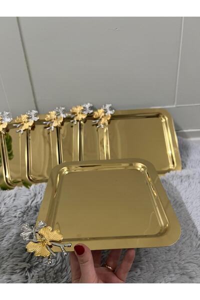 Fabrication 6'Lı Kare Tek Taraflı Gold Kelebekli Titanyum Kaplama Sunum Tepsisi