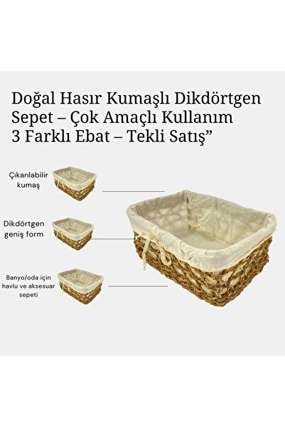 CasaLinda Hasır Dikdörtgen Sepet Krem İç Astar Depolama Düzenleme Dekoratif K...