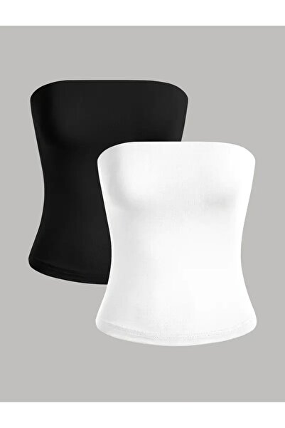 Olyssia Γυναικείο μακρύ ασπρόμαυρο μπλουζάκι χωρίς στράπλες – Κομψό, εφαρμοστό στο σώμα, ελαστικό ύφασμα / βασική μπλούζα σώματος