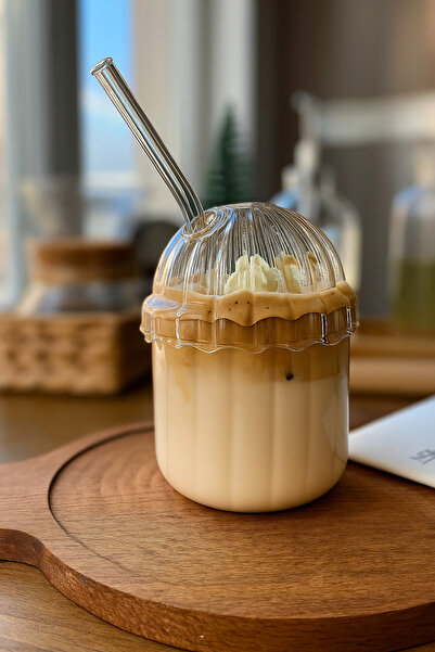 ERKUGO Borosilicate Presentation Cup - Glass Lid, Straw, Heat Resistant, Coffee Cup (450 ml) Mocha