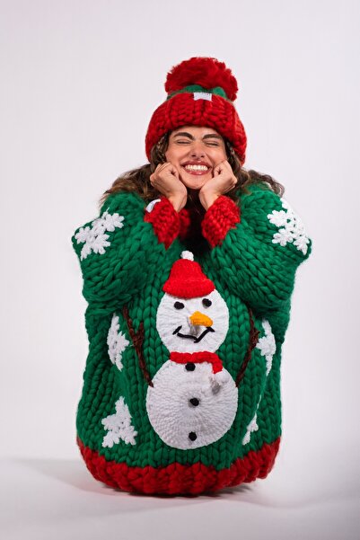 HEYAYS Snowman Hand Knitted Sweater Dress + Beanie Set