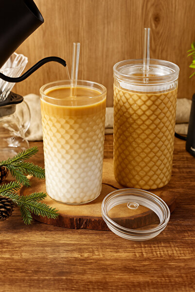 ERKUGO Squama Cam Kapaklı Borosilikat Soğuk Kahve Bardağı – 650 ml