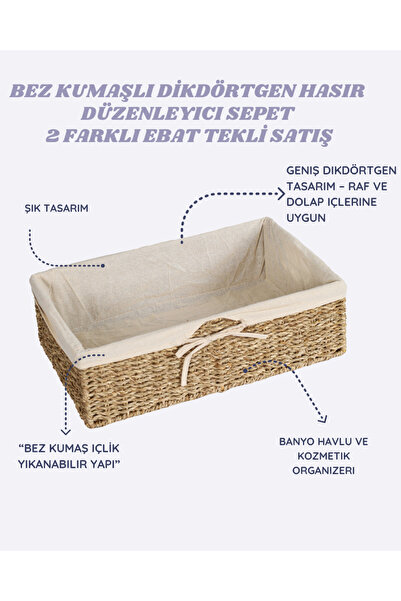 CasaLinda Doğal Hasır Örgü Dikdörtgen Kumaşlı Çekmece Düzenleyicisi 36cmx 21 cmx 10cm