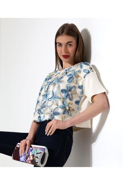 ribana Μπλουζάκι με λεπτομέρεια από τούλι με κέντημα