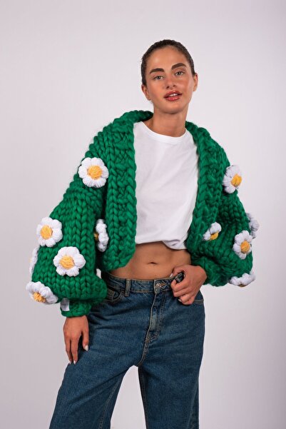 HEYAYS Daisy El Örgüsü Yeşil Hırka