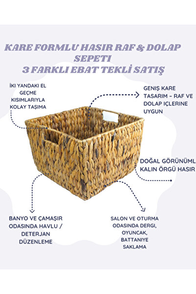 CasaLinda Doğal Hasır Kare Örgü Sepet, Dekoratif Saklama ve Taşıma İçin, 3 Fa...