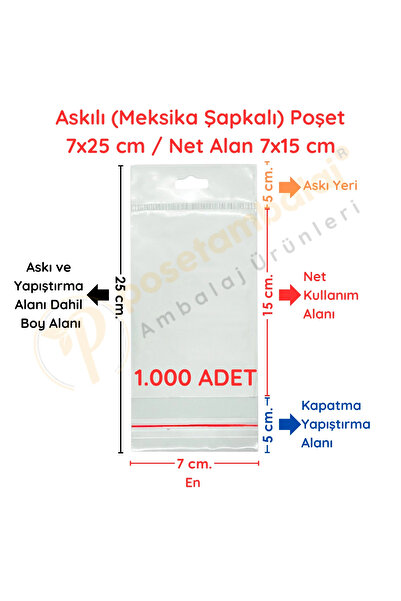 CarpCorn 7x25 cm (Kapalı Hali 7x15 cm) 1.000 Adet Askılı Poşet - Meksika Şapk...