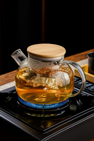 ERKUGO Heat Resistant Borosilicate Glass Teapot with Strainer (1000ml) Vacuum Bamboo Lid, Teapot